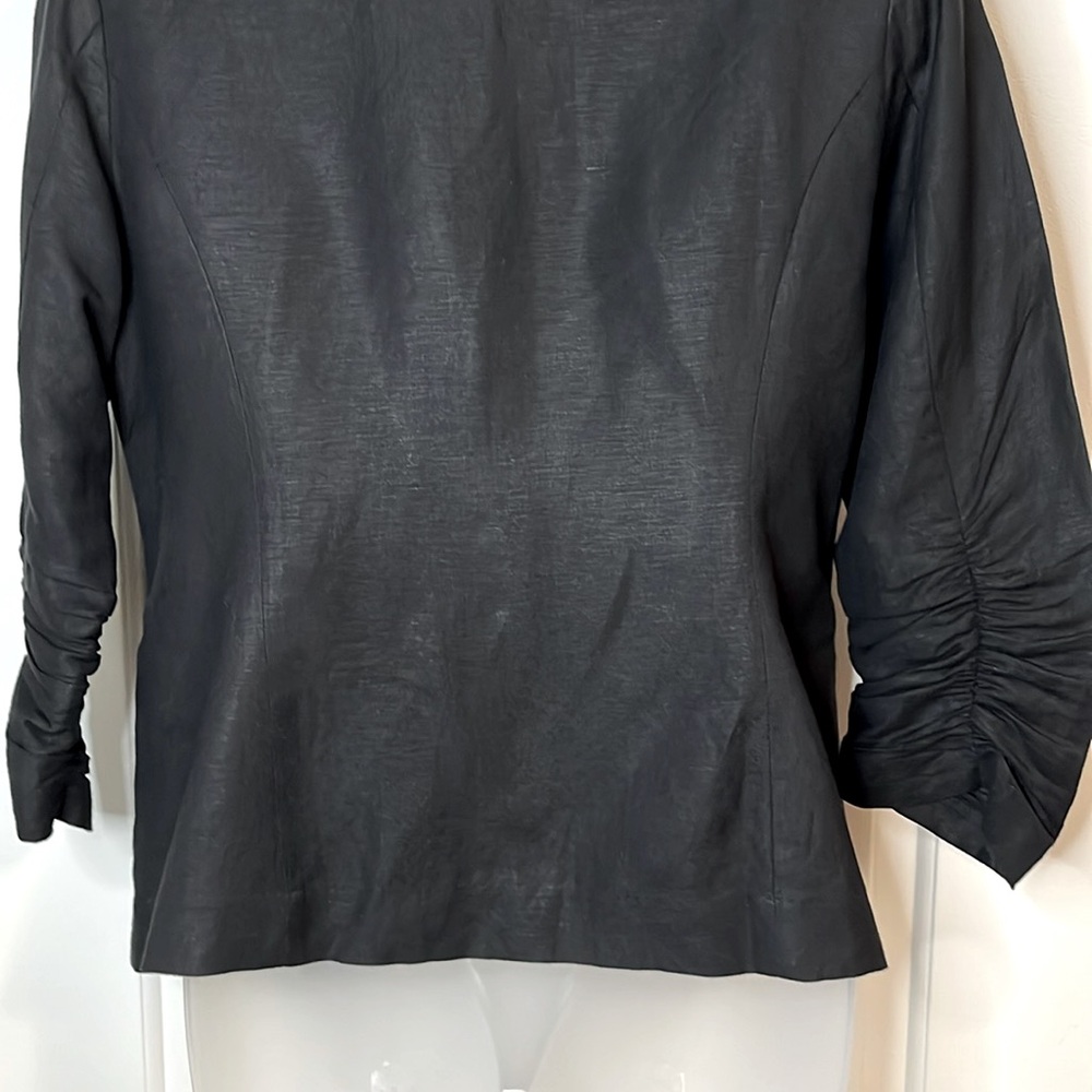 🌷Olivia Moon Linen One Button 3/4 Ruched Sleeved Blazer Black - Picture 9 of 13